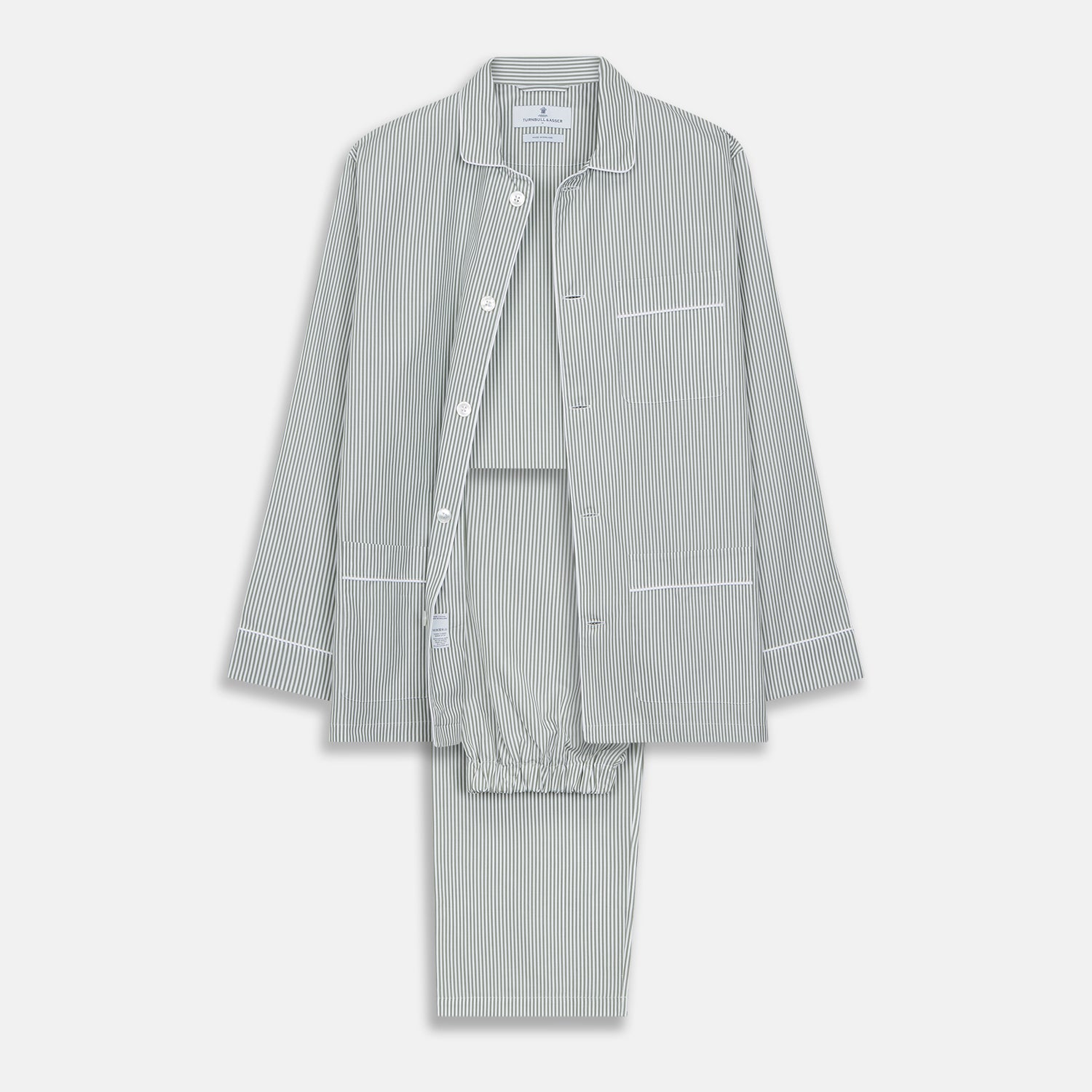 View 1 of product The Turnbull & Asser Green Bengal Stripe Modern Fit Cotton Pyjama Set features a long-sleeve button-up shirt with chest pocket and elastic waistband pants, crafted from soft Italian cotton and displayed on a white background.