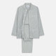 The Turnbull & Asser Green Bengal Stripe Modern Fit Cotton Pyjama Set features a long-sleeve button-up shirt with chest pocket and elastic waistband pants, crafted from soft Italian cotton and displayed on a white background.