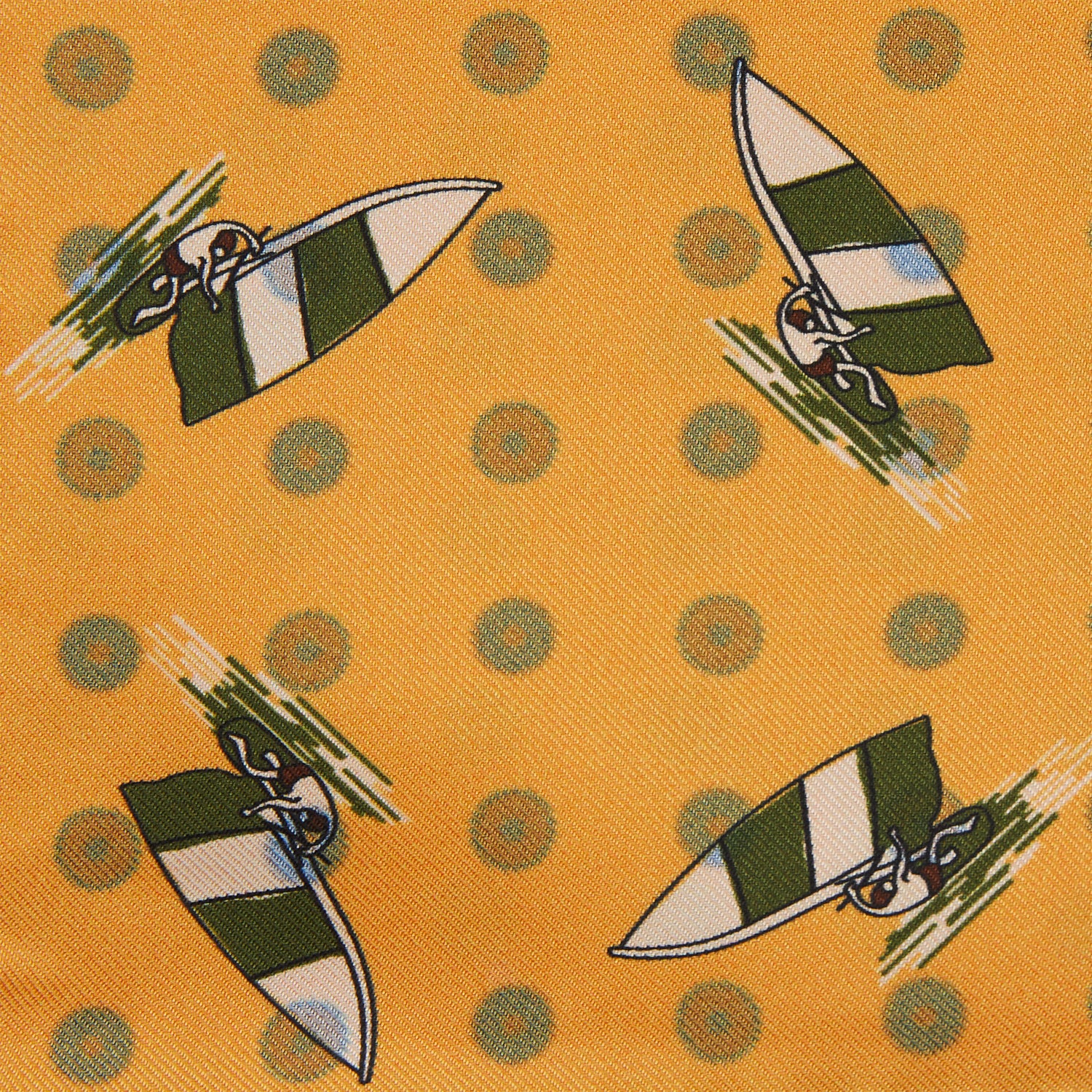 View 2 of product The Turnbull & Asser Yellow Windsurfer Double-Faced Silk Print Pocket Square features playful windsurfers on yellow silk, with a contrasting edge for a refined touch.