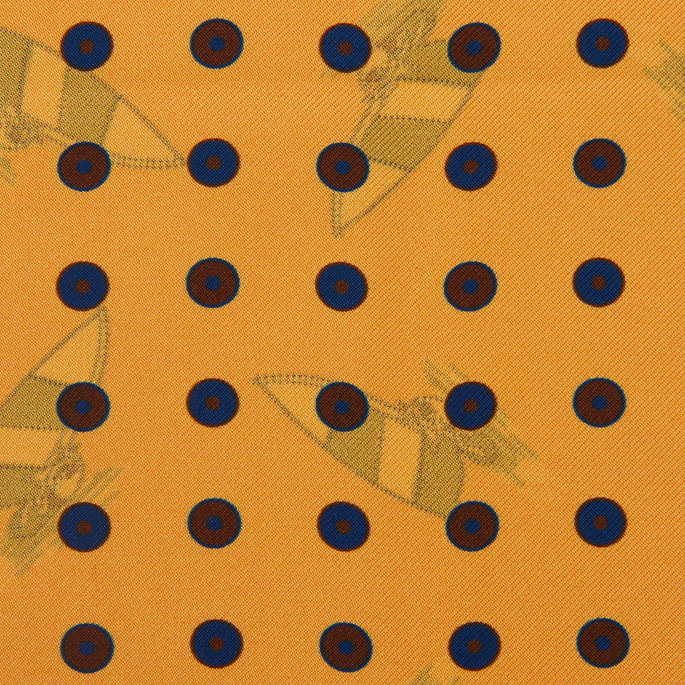 The Turnbull & Asser Yellow Windsurfer Double-Faced Silk Print Pocket Square features playful windsurfers on yellow silk, with a contrasting edge for a refined touch.