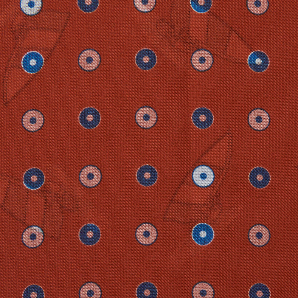 The Turnbull & Asser Red Windsurfer Double-Faced Silk Print Pocket Square features a vibrant windsurfer pattern on silk with a dark blue border and the brand subtly printed in one corner.