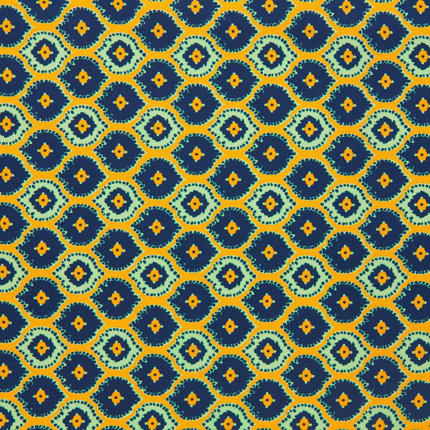 View 3 of product The Yellow Medallion Print Silk Pocket Square by Turnbull & Asser features blue hexagons with ochre yellow centers on a dark blue background, bordered by a dotted ochre yellow frame—a stylish accessory for any suit.