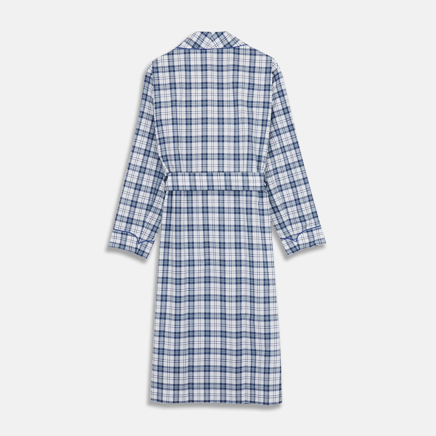 View 5 of product The Turnbull & Asser Blue Check Cotton Gown features long sleeves, a knee-length cut, shawl collar, and matching waist belt in a blue check pattern, shown against a plain white background.