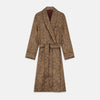 View 1 of product The Turnbull & Asser Gold Paisley Traditional Silk Jacquard Gown features a brown and gold paisley pattern, shawl collar, front pockets, and matching fabric belt. Displayed on a white background, it’s perfect for winter comfort.