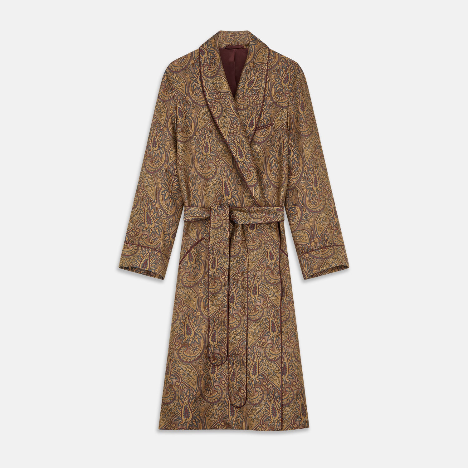 View 1 of product The Turnbull & Asser Gold Paisley Traditional Silk Jacquard Gown features a brown and gold paisley pattern, shawl collar, front pockets, and matching fabric belt. Displayed on a white background, it’s perfect for winter comfort.