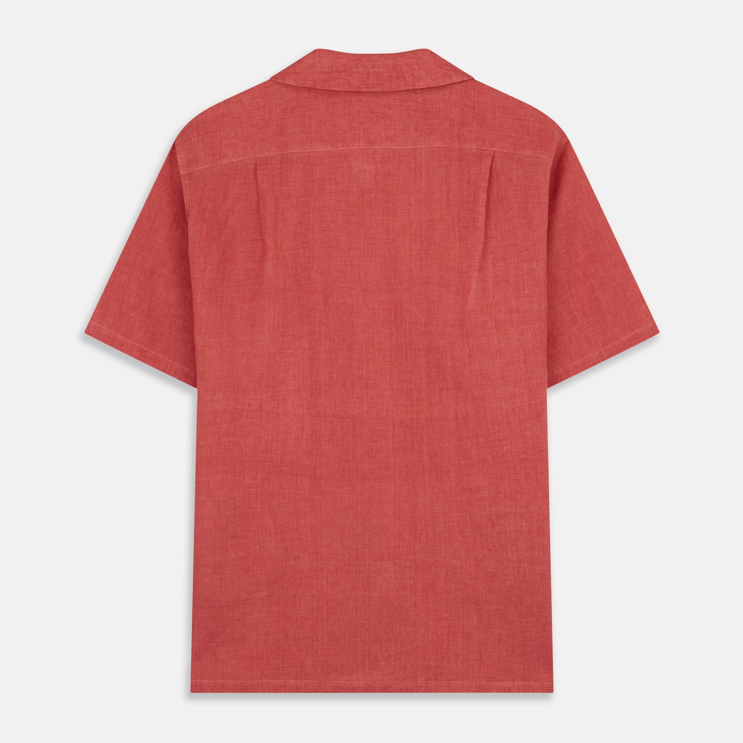 View 5 of product The Turnbull & Asser Crimson Delave Linen Holiday Fit Shirt features a solid brick-red hue, short sleeves, single chest pocket, and revere collar—perfect resort wear—shown laid flat on white.