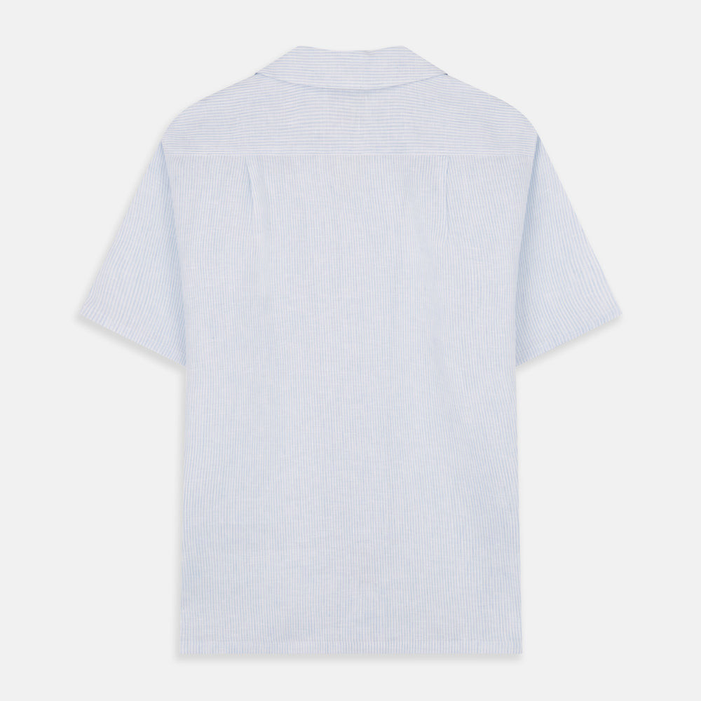 The Turnbull & Asser Blue Linen Stripe Holiday Fit Shirt features short sleeves, a revere collar, and single chest pocket, perfect for resort wear. Shown on a plain white background.