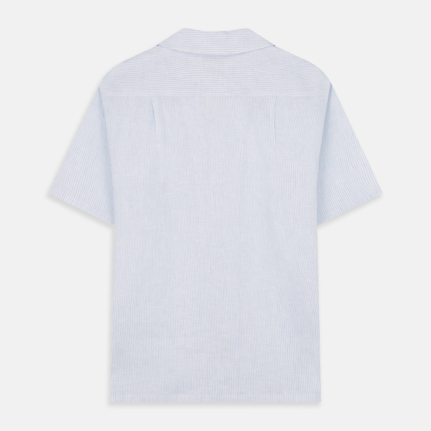 View 3 of product The Turnbull & Asser Blue Linen Stripe Holiday Fit Shirt features short sleeves, a revere collar, and single chest pocket, perfect for resort wear. Shown on a plain white background.