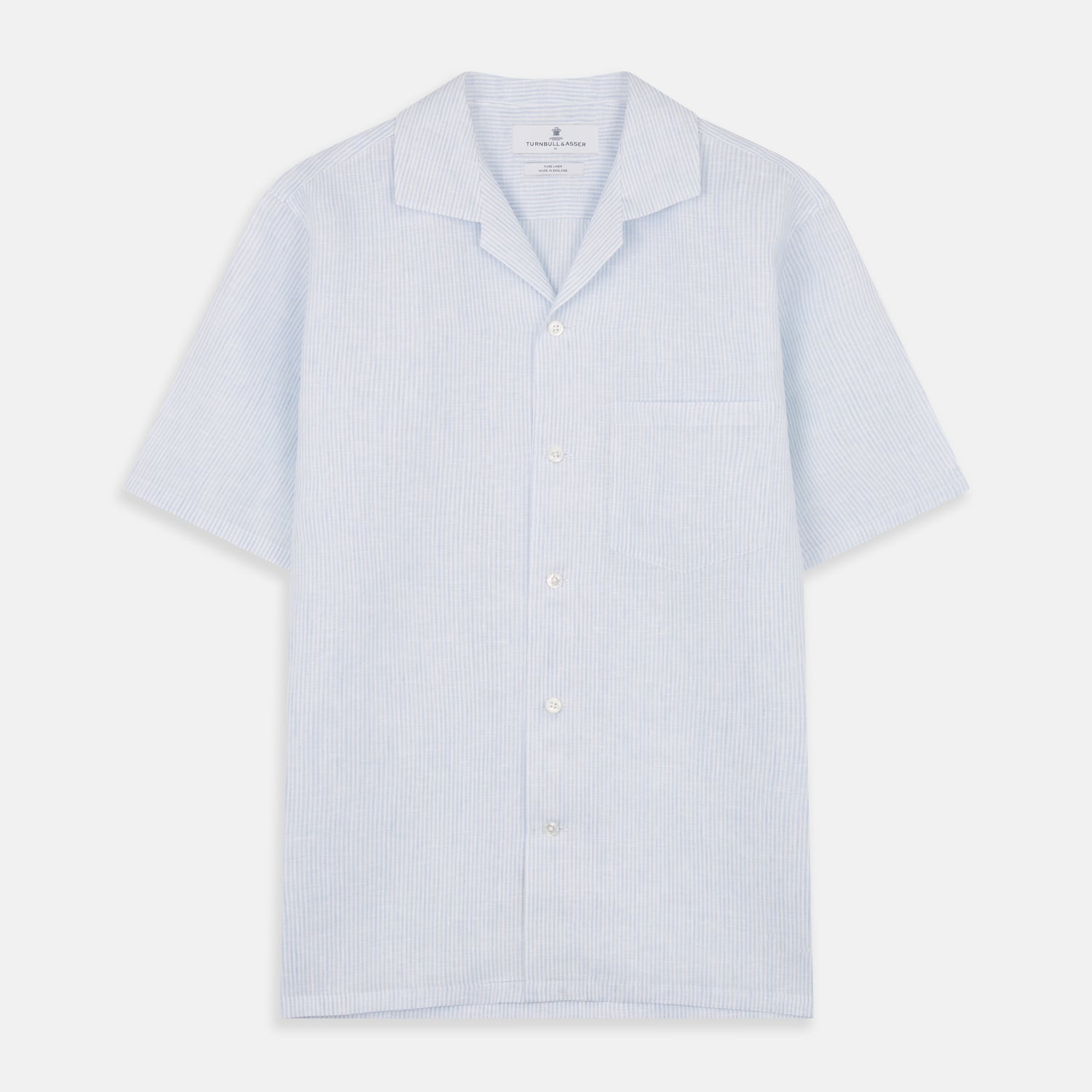View 1 of product The Turnbull & Asser Blue Linen Stripe Holiday Fit Shirt features short sleeves, a revere collar, and single chest pocket, perfect for resort wear. Shown on a plain white background.