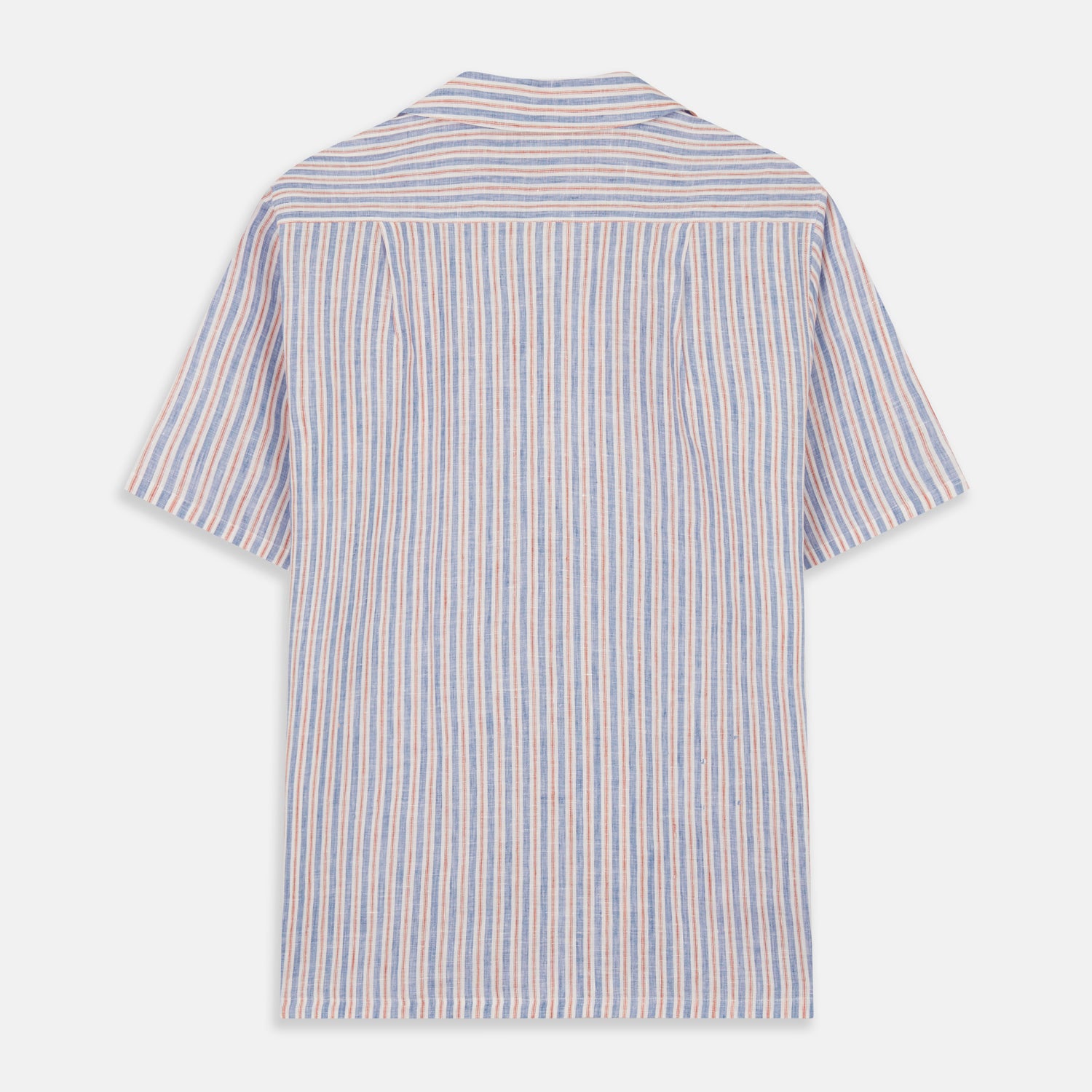 View 4 of product The Turnbull & Asser Blue and Red Linen Stripe Holiday Fit Shirt features a revere collar, relaxed fit, and short sleeves—perfect resort wear with vertical blue, white, and light red stripes.
