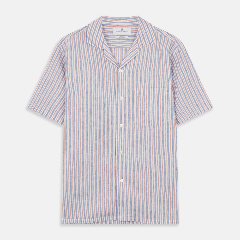 The Turnbull & Asser Blue and Red Linen Stripe Holiday Fit Shirt features a revere collar, relaxed fit, and short sleeves—perfect resort wear with vertical blue, white, and light red stripes.