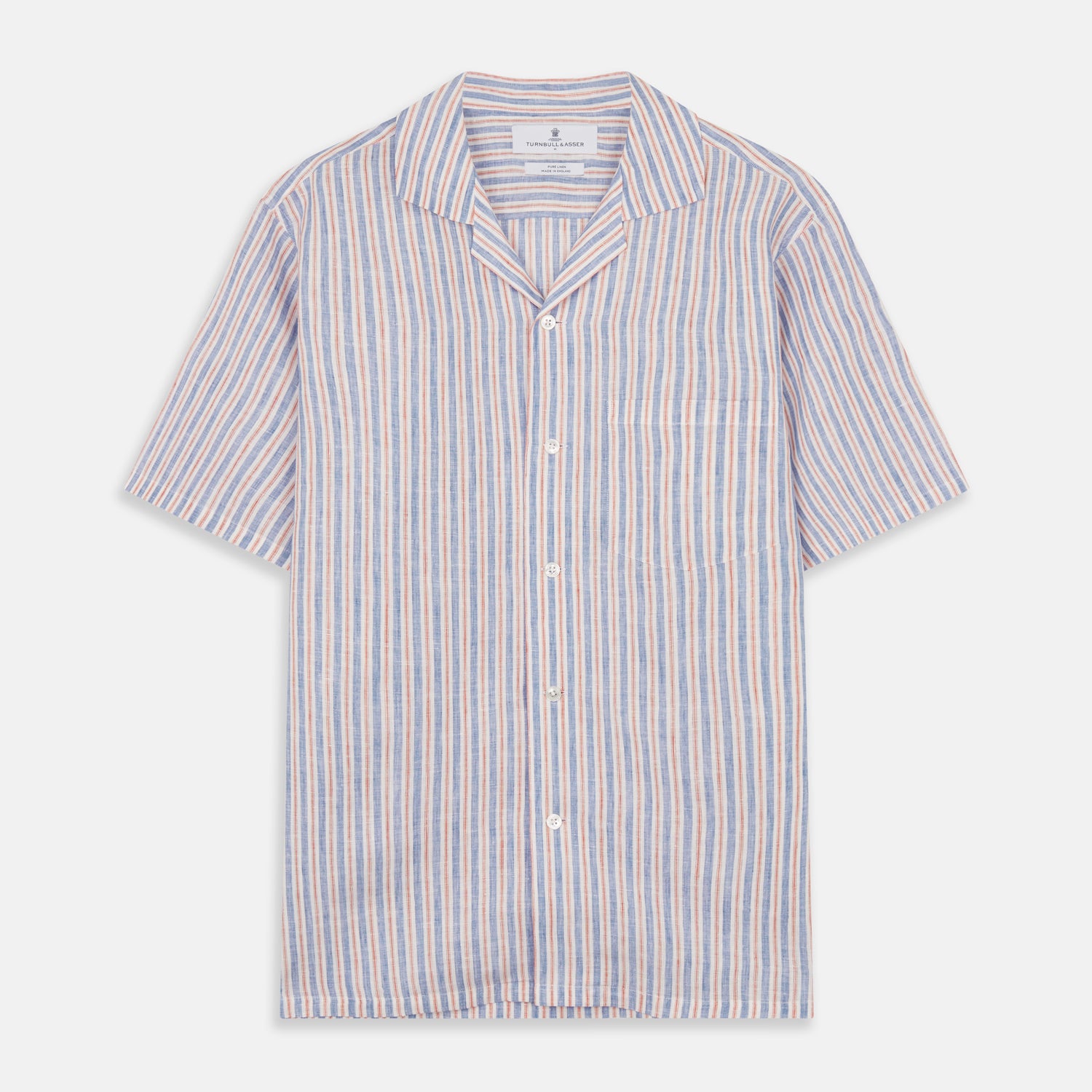 View 1 of product The Turnbull & Asser Blue and Red Linen Stripe Holiday Fit Shirt features a revere collar, relaxed fit, and short sleeves—perfect resort wear with vertical blue, white, and light red stripes.