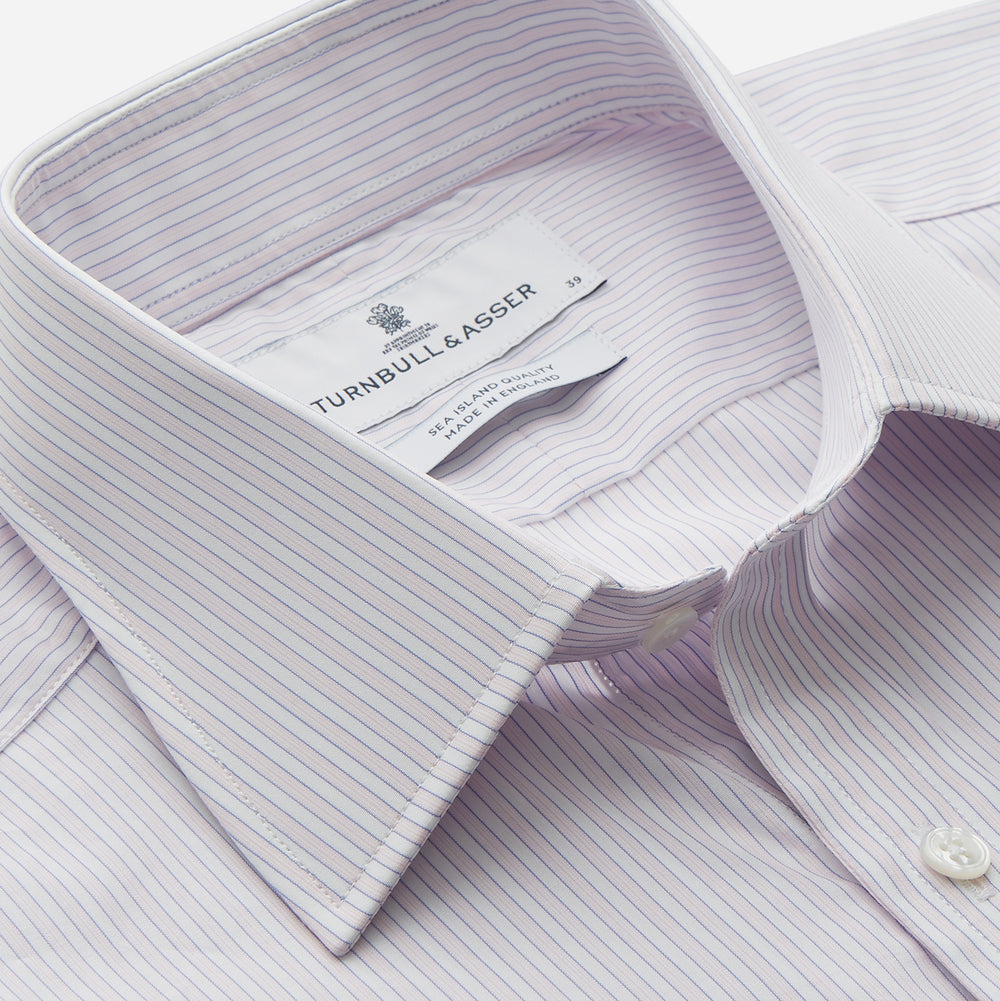A Turnbull & Asser Blue Double Stripe Regular Fit Sea Island Quality Cotton Shirt with T&A collar and double cuffs, laid flat on a white background.