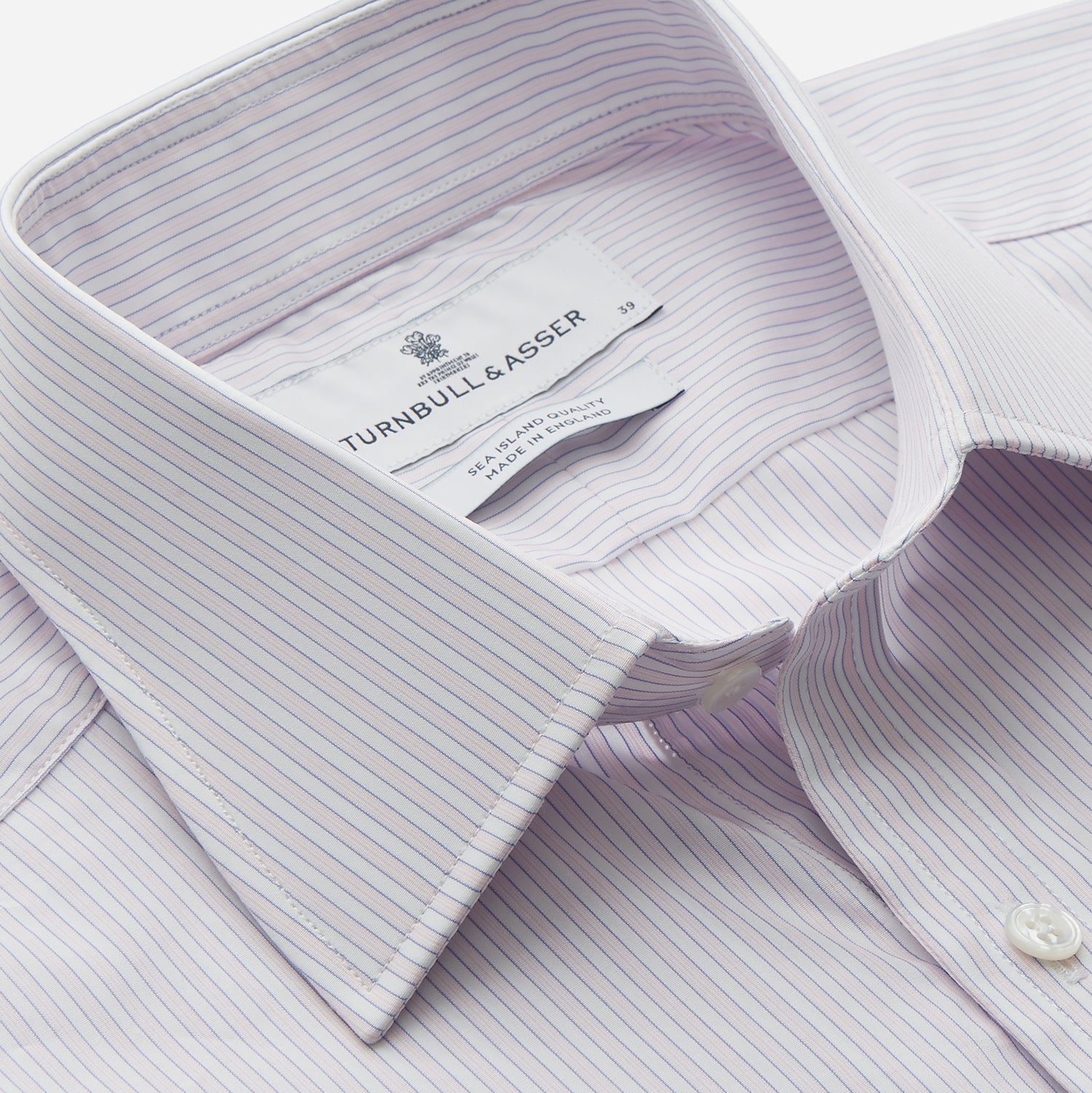 View 2 of product A Turnbull & Asser Blue Double Stripe Regular Fit Sea Island Quality Cotton Shirt with T&A collar and double cuffs, laid flat on a white background.