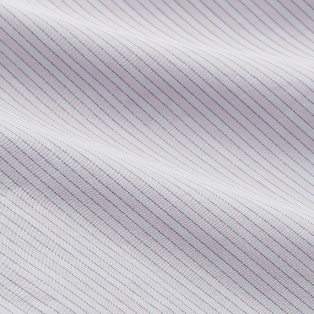 A Turnbull & Asser Blue Double Stripe Regular Fit Sea Island Quality Cotton Shirt with T&A collar and double cuffs, laid flat on a white background.