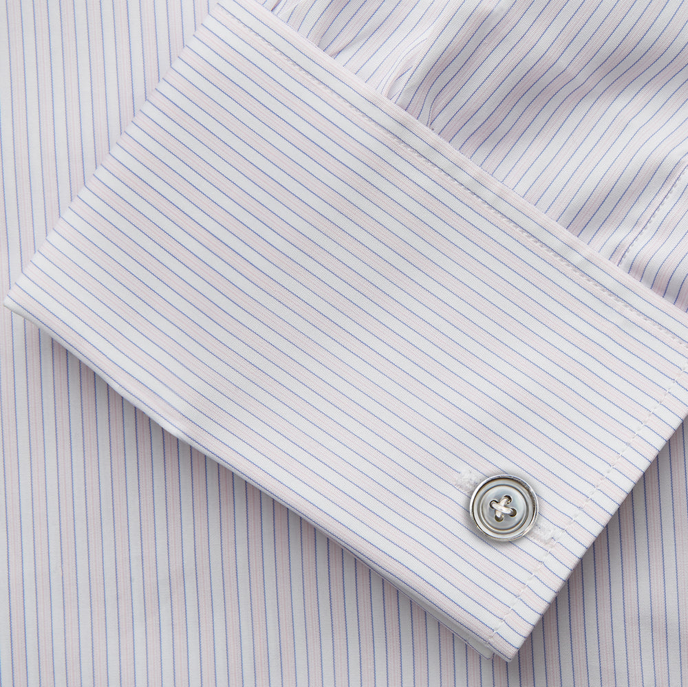 A Turnbull & Asser Blue Double Stripe Regular Fit Sea Island Quality Cotton Shirt with T&A collar and double cuffs, laid flat on a white background.