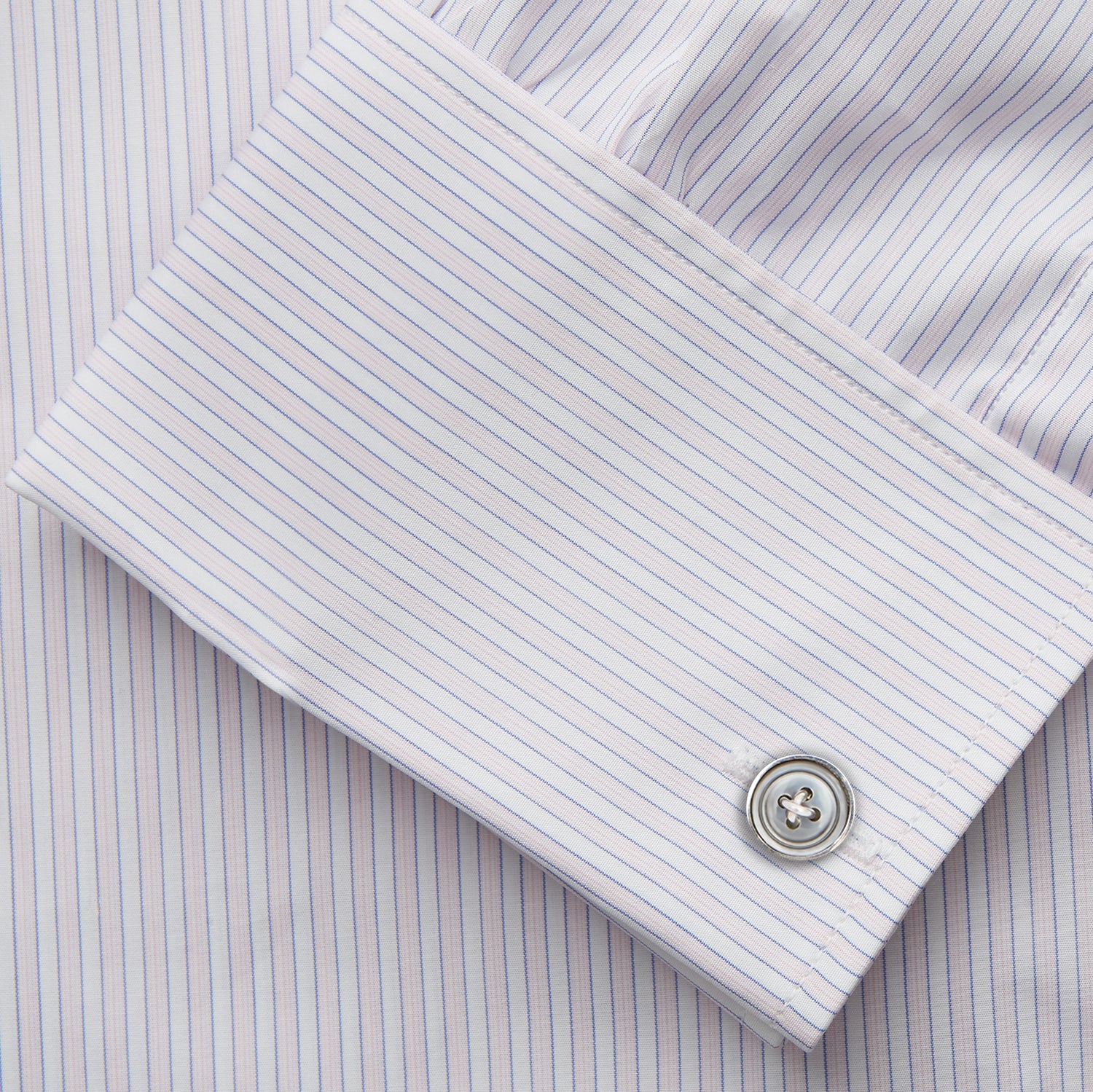 View 3 of product A Turnbull & Asser Blue Double Stripe Regular Fit Sea Island Quality Cotton Shirt with T&A collar and double cuffs, laid flat on a white background.
