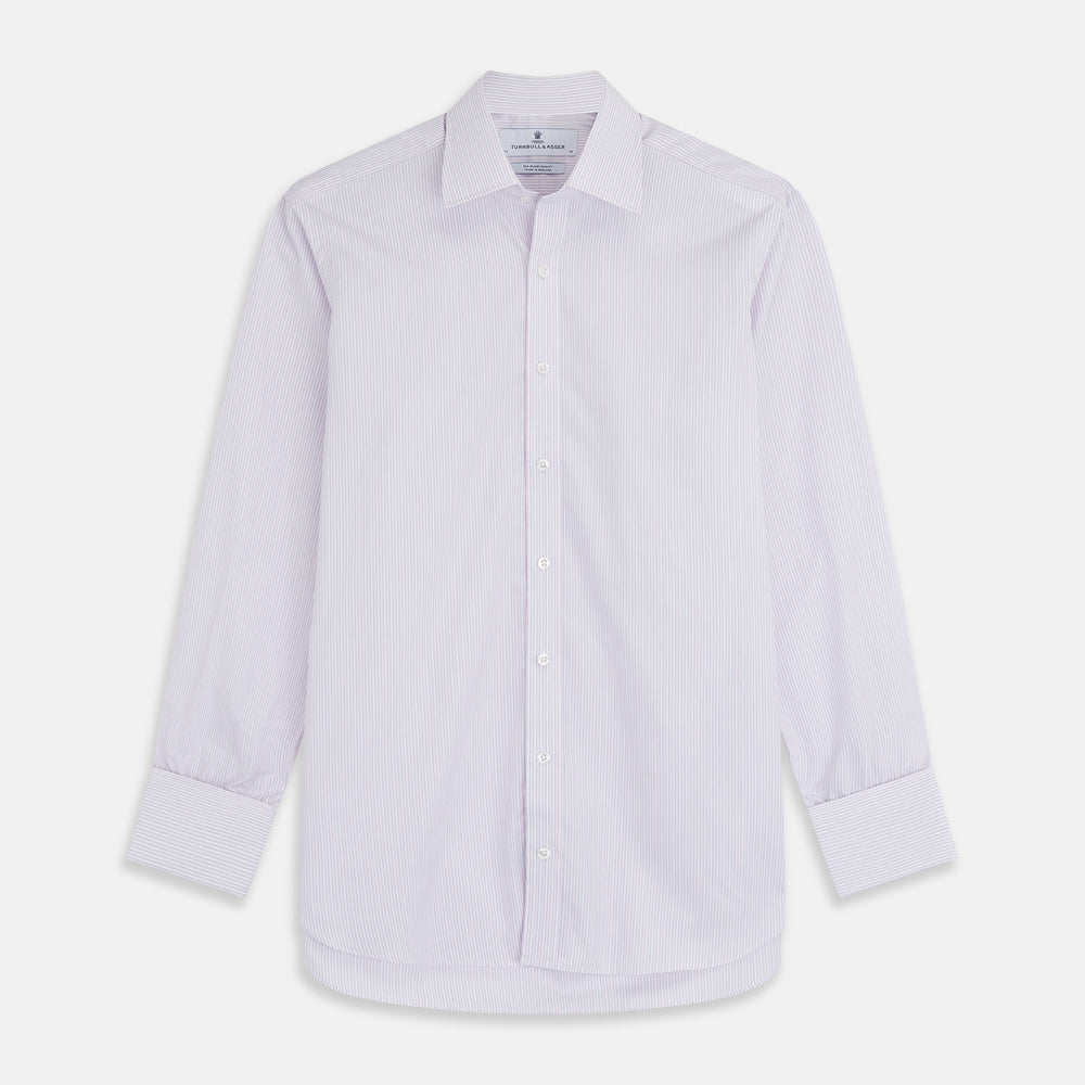 A Turnbull & Asser Blue Double Stripe Regular Fit Sea Island Quality Cotton Shirt with T&A collar and double cuffs, laid flat on a white background.
