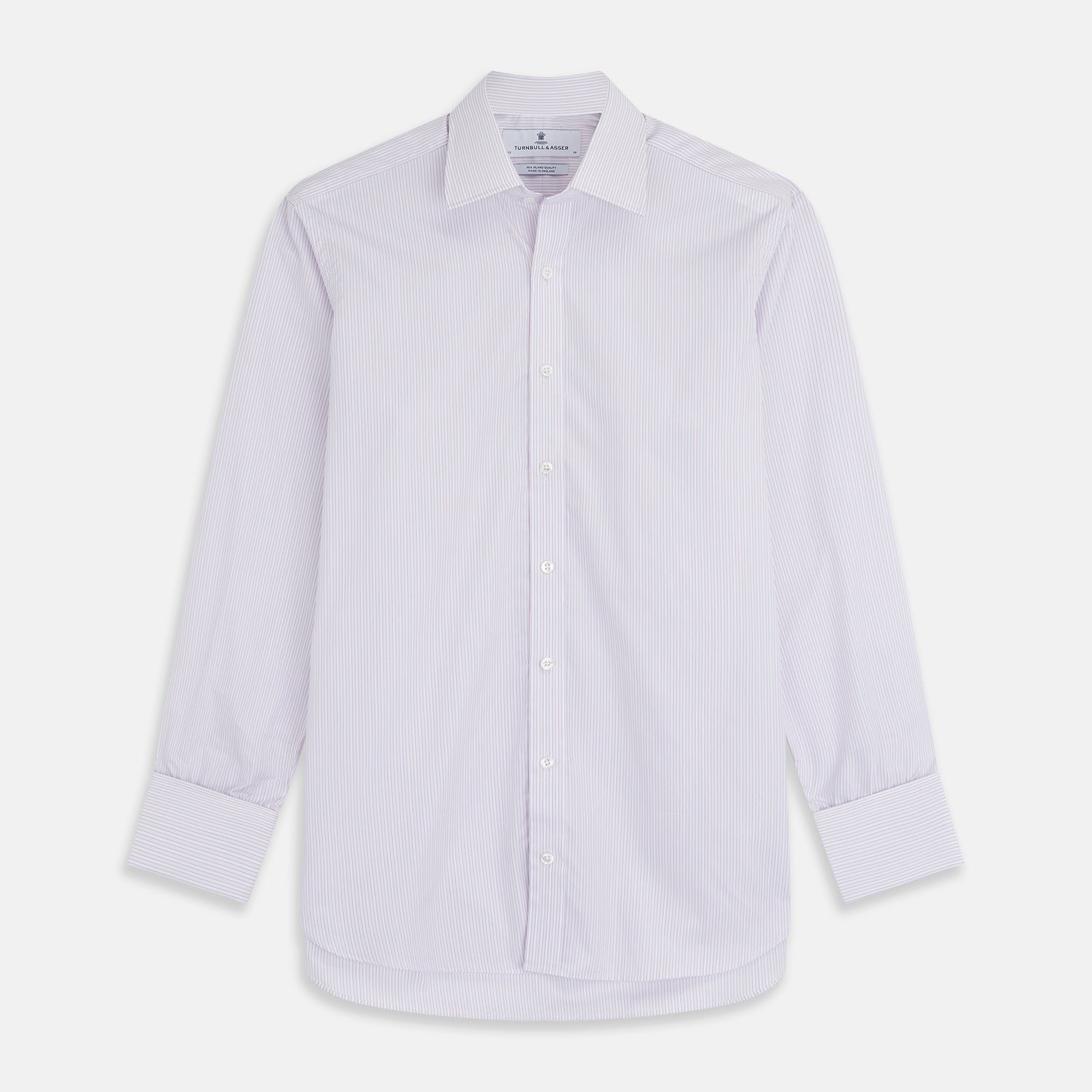 View 1 of product A Turnbull & Asser Blue Double Stripe Regular Fit Sea Island Quality Cotton Shirt with T&A collar and double cuffs, laid flat on a white background.