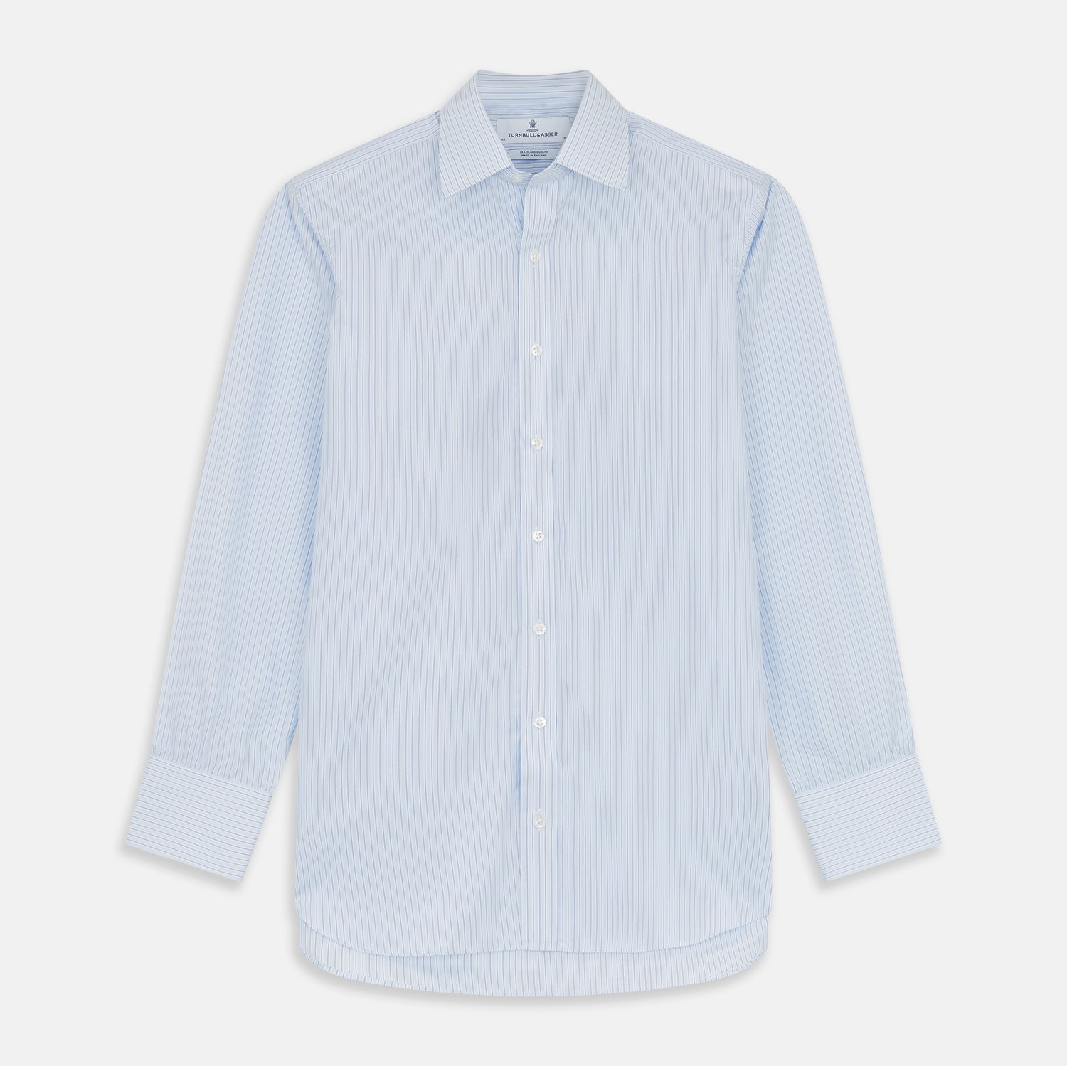 View 1 of product The Turnbull & Asser Tonal Blue Stripe Regular Fit Shirt features a T&A collar and 3-button cuffs, shown against a white background.