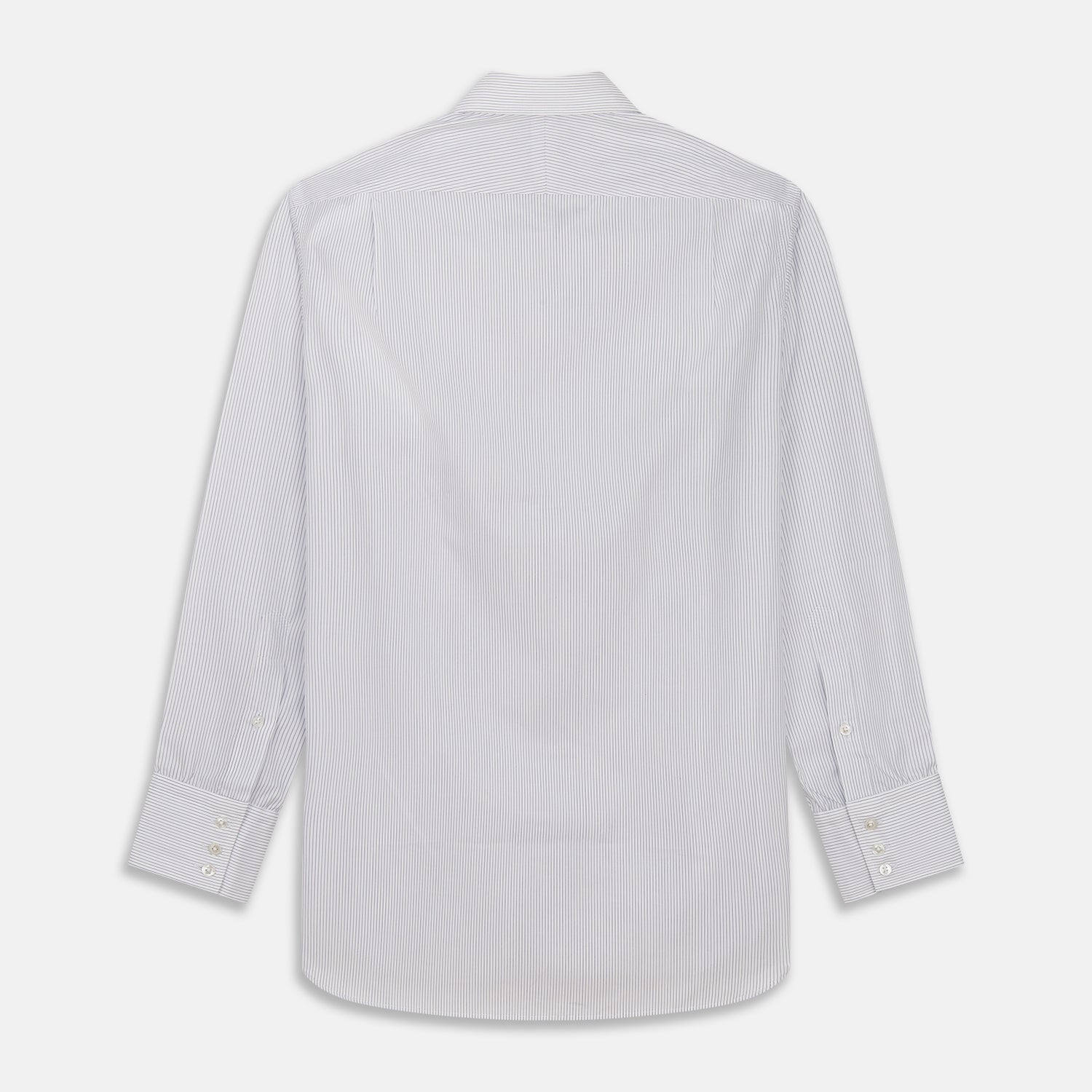 View 5 of product Turnbull & Asser Blue & White Stripe Sea Island Quality Cotton Regular Fit Mayfair shirt with a classic collar and buttoned cuffs, laid flat on a white background.