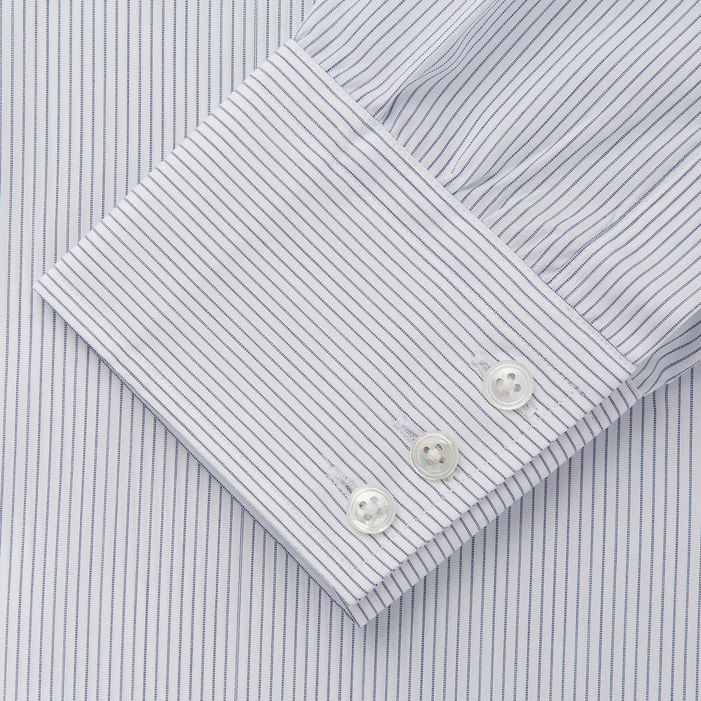 Turnbull & Asser Blue & White Stripe Sea Island Quality Cotton Regular Fit Mayfair shirt with a classic collar and buttoned cuffs, laid flat on a white background.
