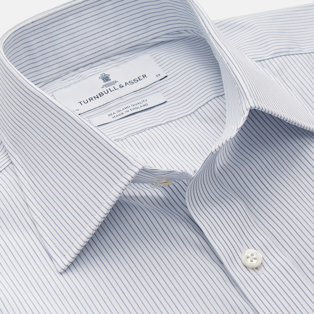 Turnbull & Asser Blue & White Stripe Sea Island Quality Cotton Regular Fit Mayfair shirt with a classic collar and buttoned cuffs, laid flat on a white background.