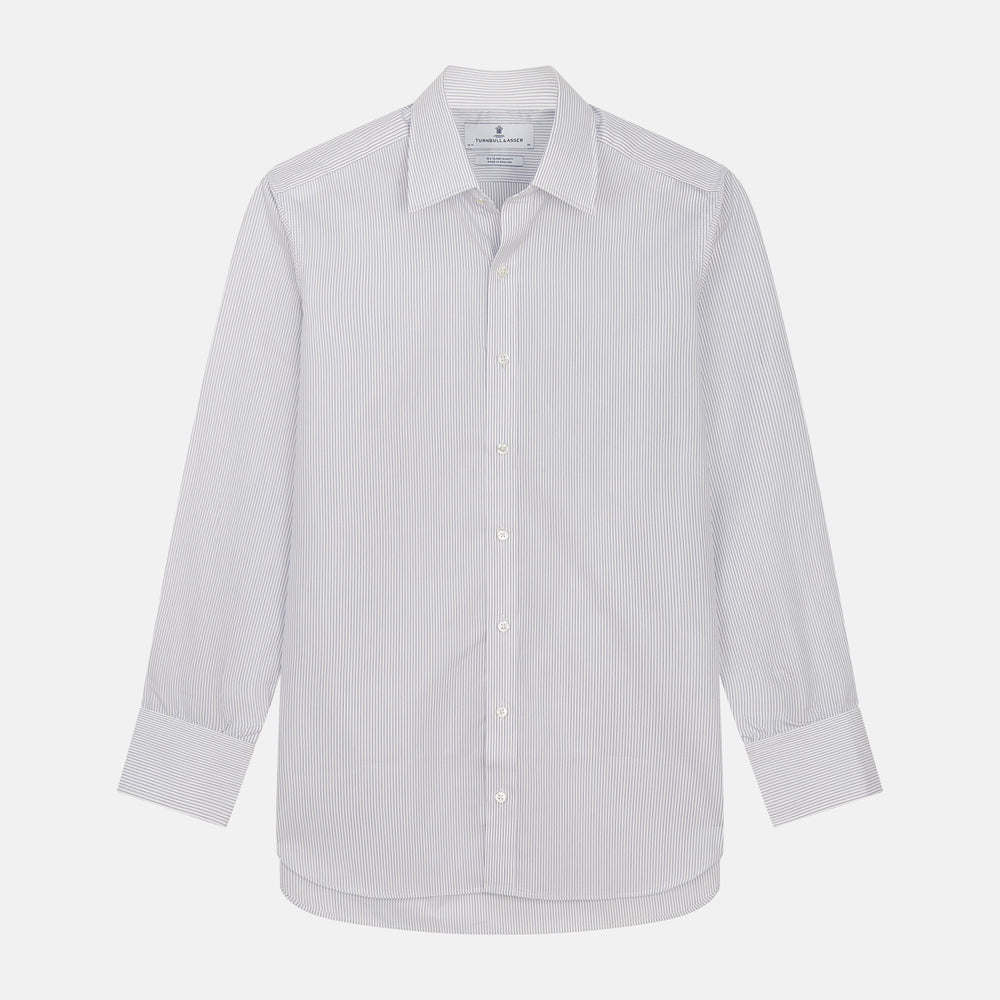 Turnbull & Asser Blue & White Stripe Sea Island Quality Cotton Regular Fit Mayfair shirt with a classic collar and buttoned cuffs, laid flat on a white background.