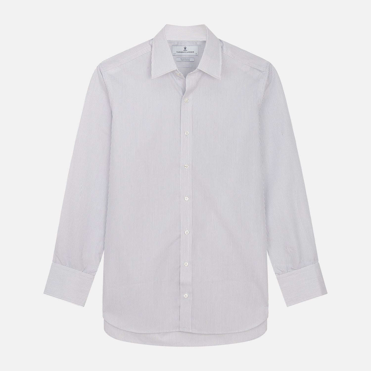View 1 of product Turnbull & Asser Blue & White Stripe Sea Island Quality Cotton Regular Fit Mayfair shirt with a classic collar and buttoned cuffs, laid flat on a white background.