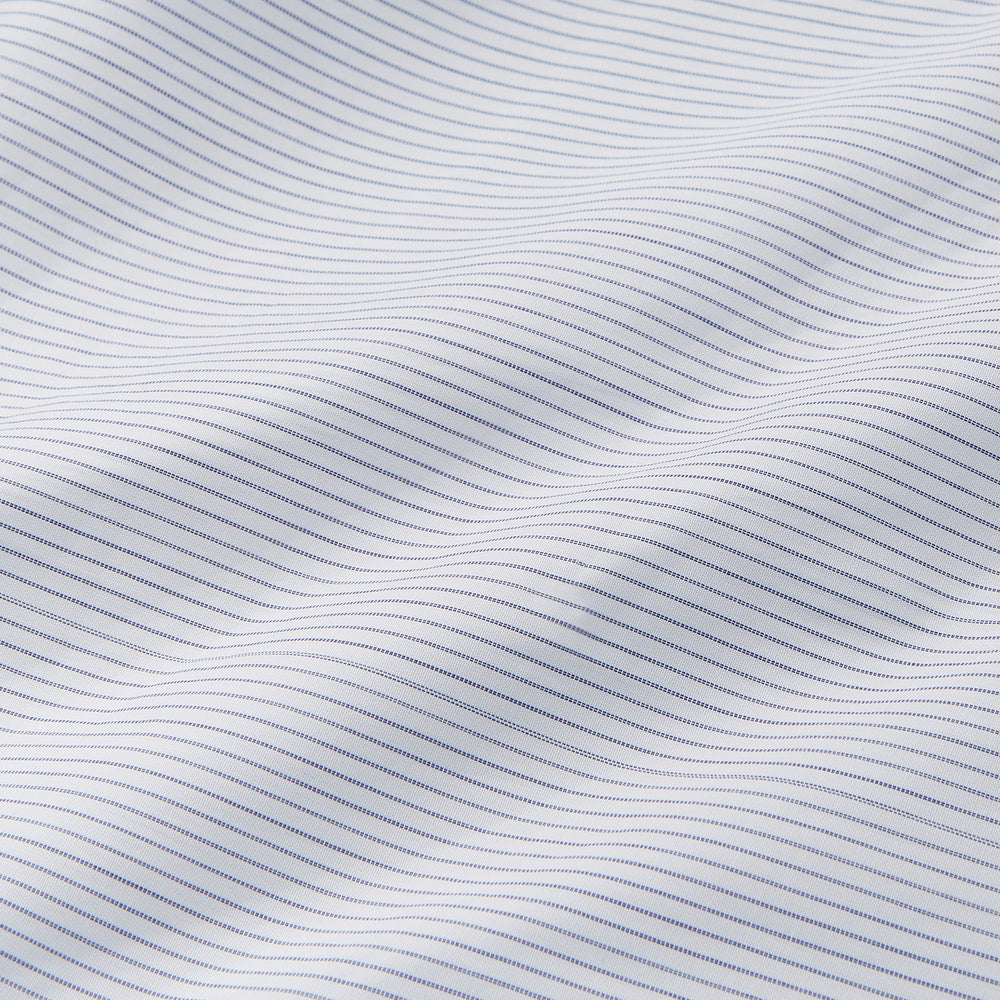 Turnbull & Asser Blue & White Stripe Sea Island Quality Cotton Regular Fit Mayfair shirt with a classic collar and buttoned cuffs, laid flat on a white background.