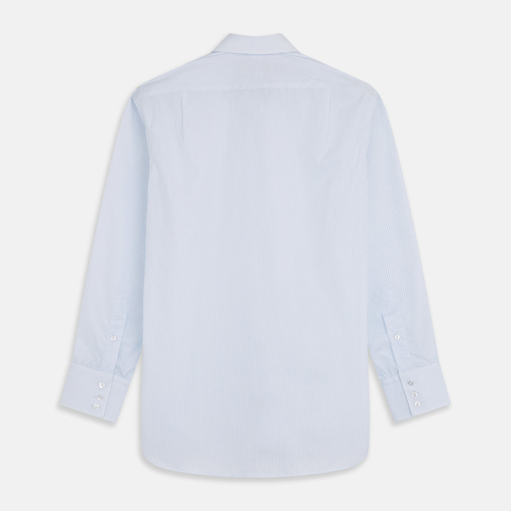 The Turnbull & Asser Pale Blue Stripe Regular Fit Sea Island Quality Cotton Shirt features a T&A collar and 3-button cuffs, laid flat on a white background.