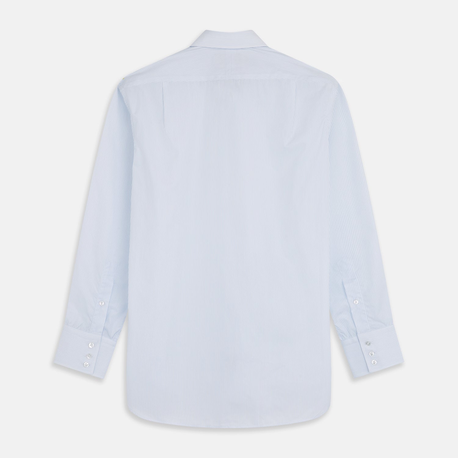 View 5 of product The Turnbull & Asser Pale Blue Stripe Regular Fit Sea Island Quality Cotton Shirt features a T&A collar and 3-button cuffs, laid flat on a white background.