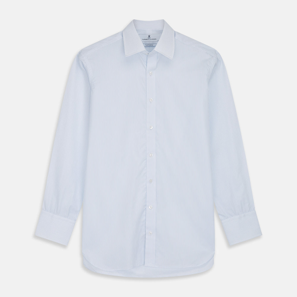 The Turnbull & Asser Pale Blue Stripe Regular Fit Sea Island Quality Cotton Shirt features a T&A collar and 3-button cuffs, laid flat on a white background.