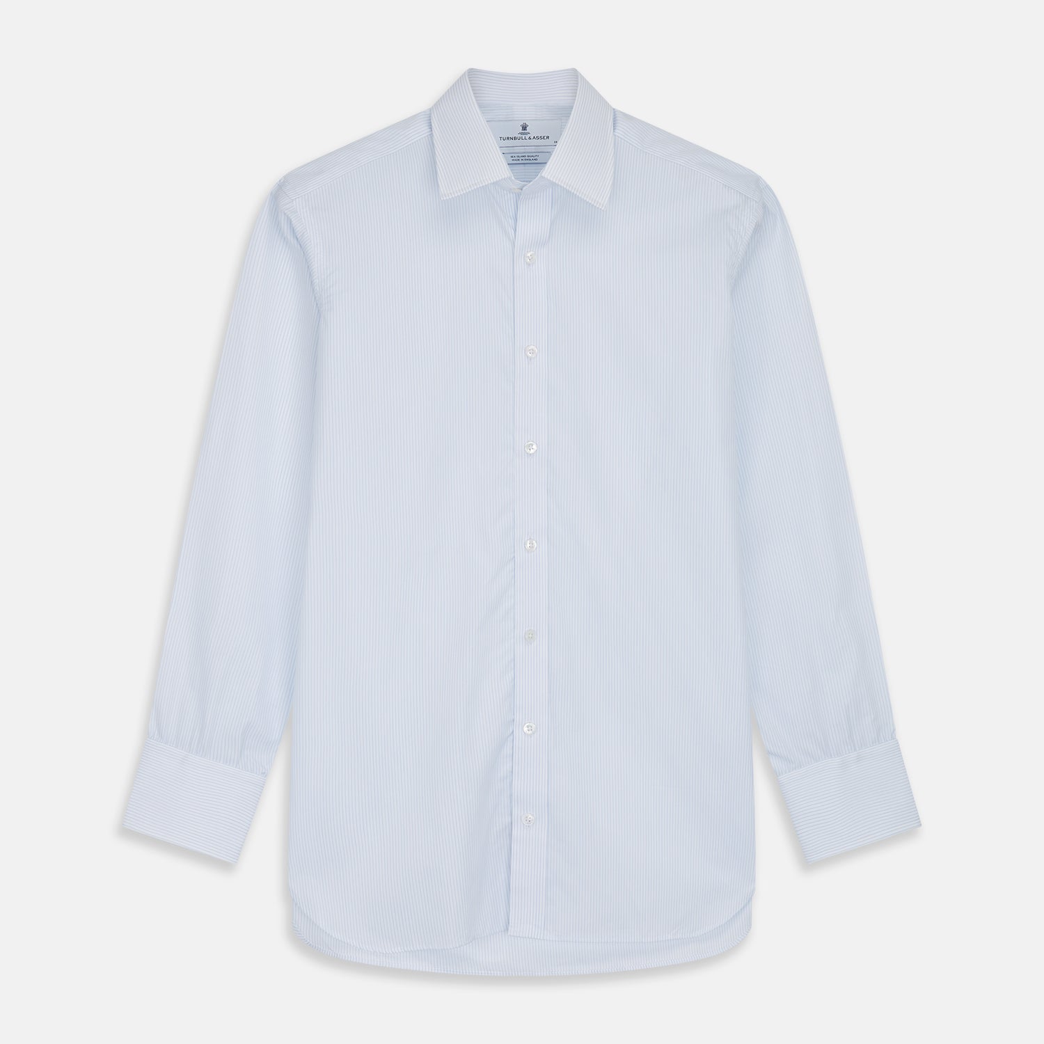 View 1 of product The Turnbull & Asser Pale Blue Stripe Regular Fit Sea Island Quality Cotton Shirt features a T&A collar and 3-button cuffs, laid flat on a white background.