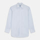 The Turnbull & Asser Pale Blue Stripe Regular Fit Sea Island Quality Cotton Shirt features a T&A collar and 3-button cuffs, laid flat on a white background.