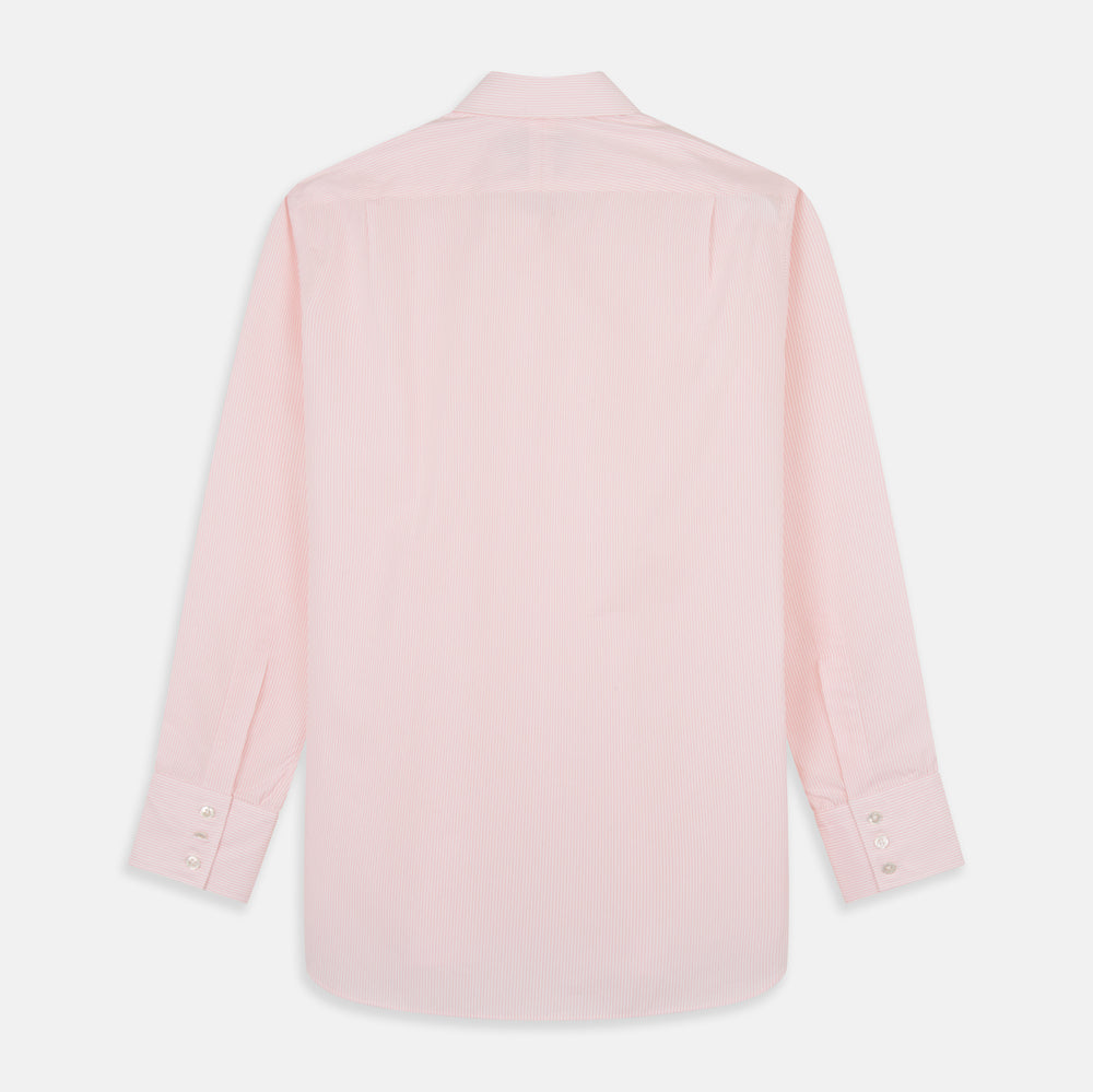 The Pink Fine Stripe Regular Fit Shirt with T&A Collar by Turnbull & Asser is a light pink, long-sleeve poplin shirt made from Italian cotton, featuring white buttons and shown flat on a white background.