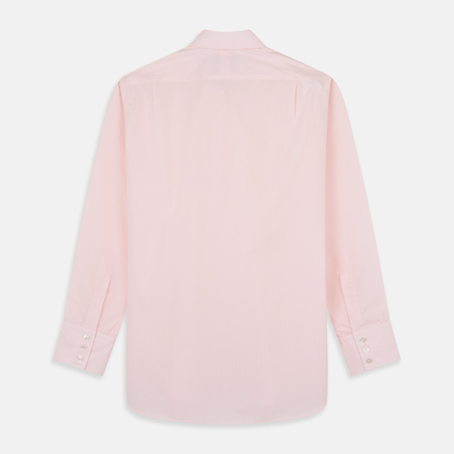 View 6 of product The Pink Fine Stripe Regular Fit Shirt with T&A Collar by Turnbull & Asser is a light pink, long-sleeve poplin shirt made from Italian cotton, featuring white buttons and shown flat on a white background.