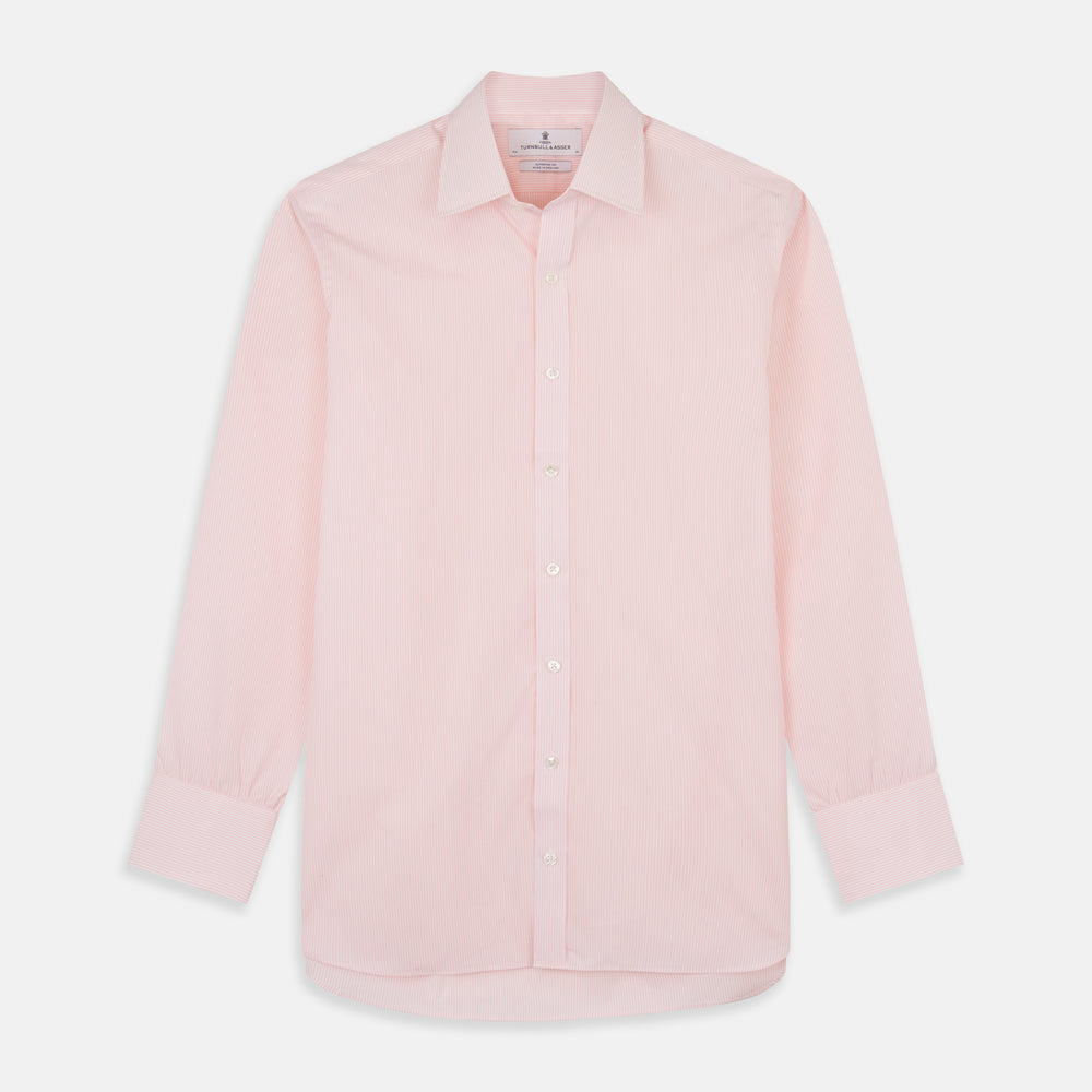 The Pink Fine Stripe Regular Fit Shirt with T&A Collar by Turnbull & Asser is a light pink, long-sleeve poplin shirt made from Italian cotton, featuring white buttons and shown flat on a white background.