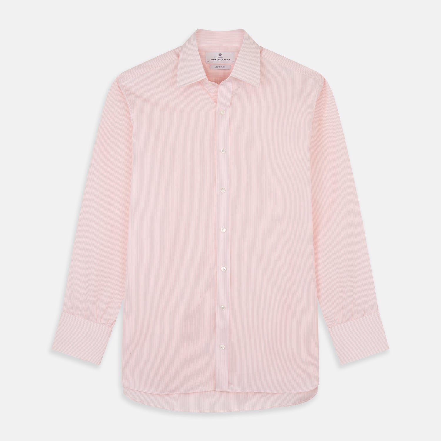 View 1 of product The Pink Fine Stripe Regular Fit Shirt with T&A Collar by Turnbull & Asser is a light pink, long-sleeve poplin shirt made from Italian cotton, featuring white buttons and shown flat on a white background.