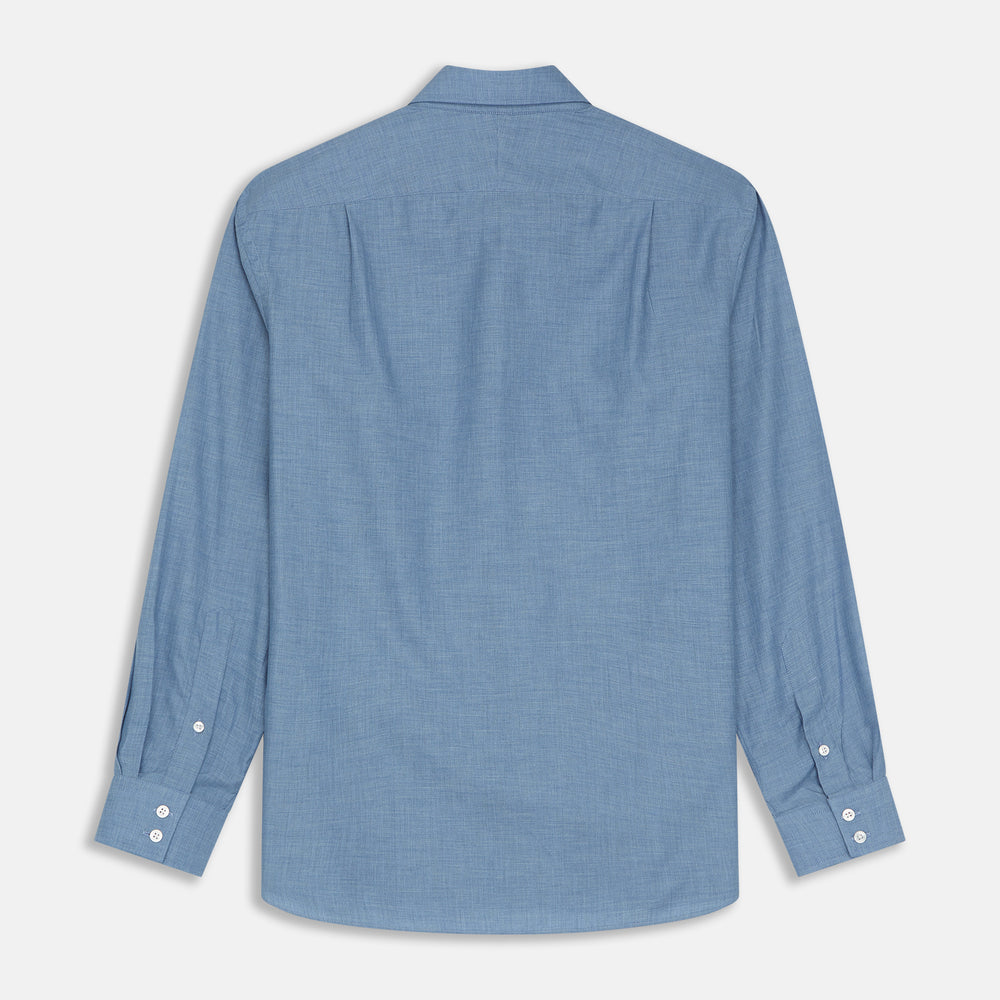 The Turnbull & Asser Blue Tailored Fit Shirt features a Kent collar, 2-button cuffs, and white buttons—a versatile men’s wardrobe essential. Laid flat on a white background.