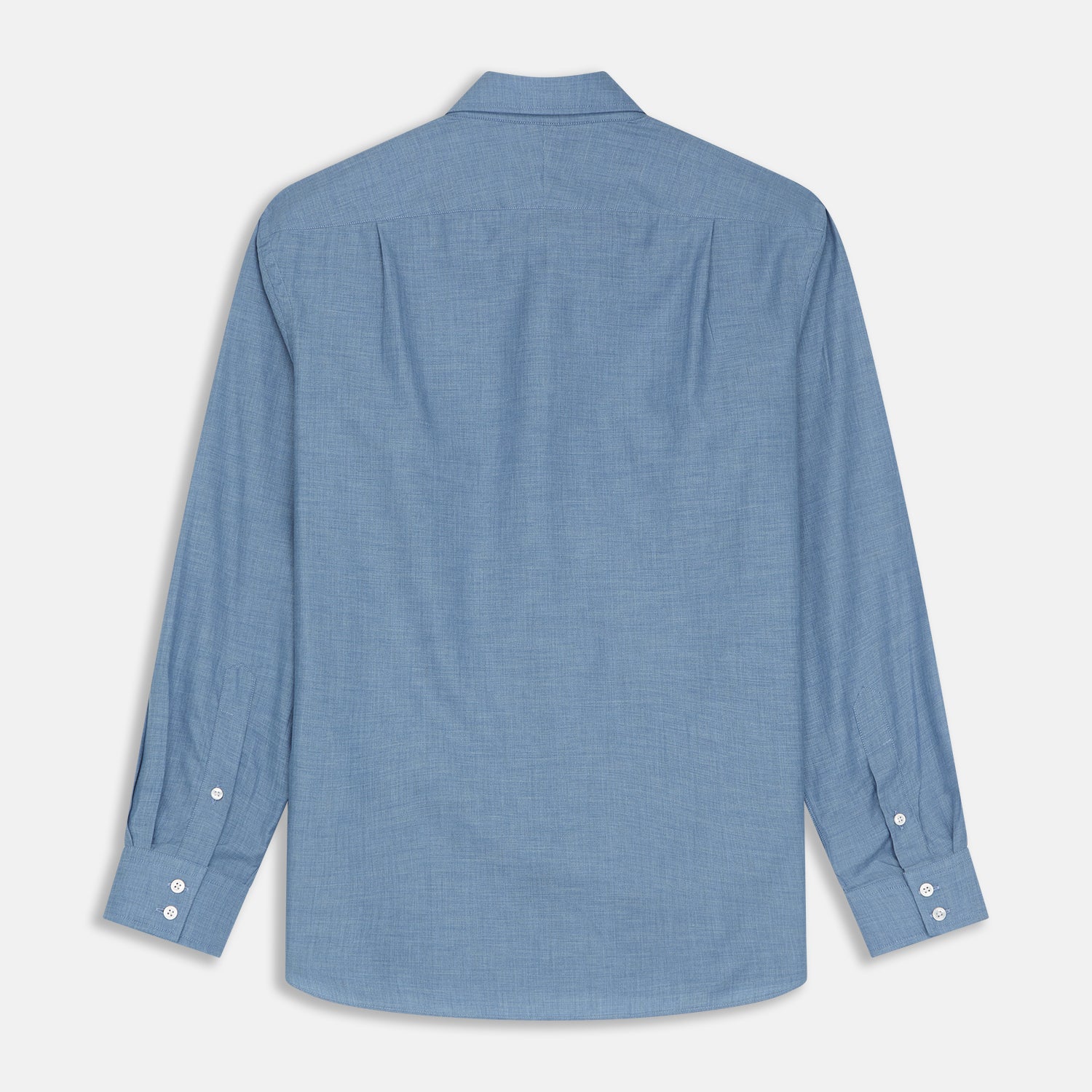 View 4 of product The Turnbull & Asser Blue Tailored Fit Shirt features a Kent collar, 2-button cuffs, and white buttons—a versatile men’s wardrobe essential. Laid flat on a white background.