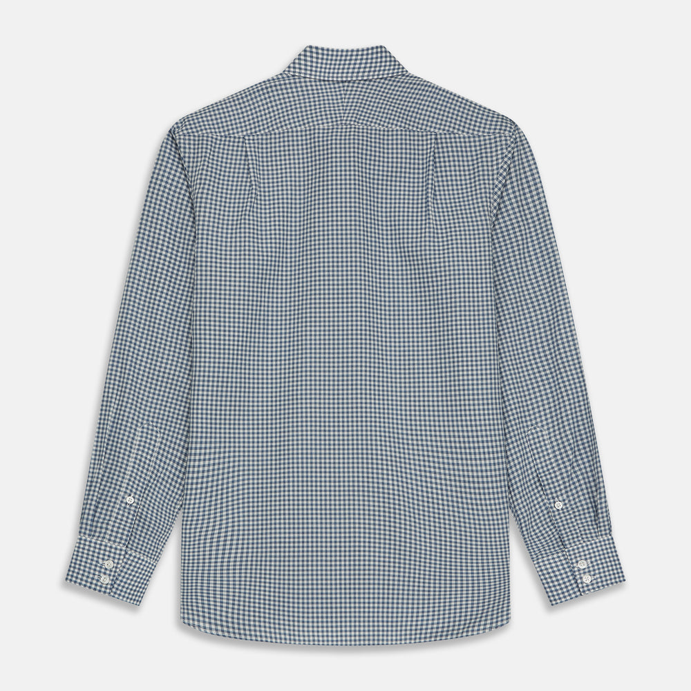 The Turnbull & Asser Blue Multi Check Tailored Fit Shirt features a Kent collar, 2-button cuffs, and a fine blue and white checked pattern—an essential men's wardrobe piece—shown flat on a white background.