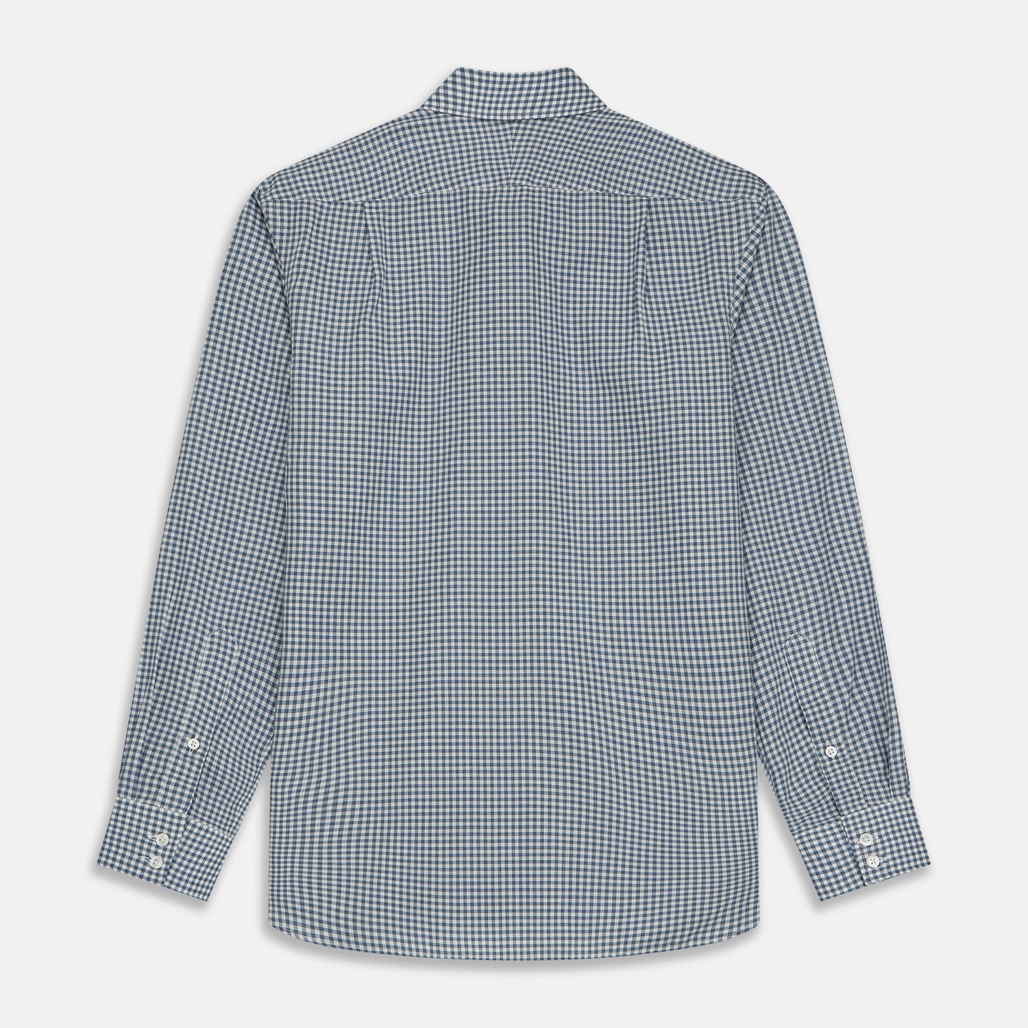 View 6 of product The Turnbull & Asser Blue Multi Check Tailored Fit Shirt features a Kent collar, 2-button cuffs, and a fine blue and white checked pattern—an essential men's wardrobe piece—shown flat on a white background.