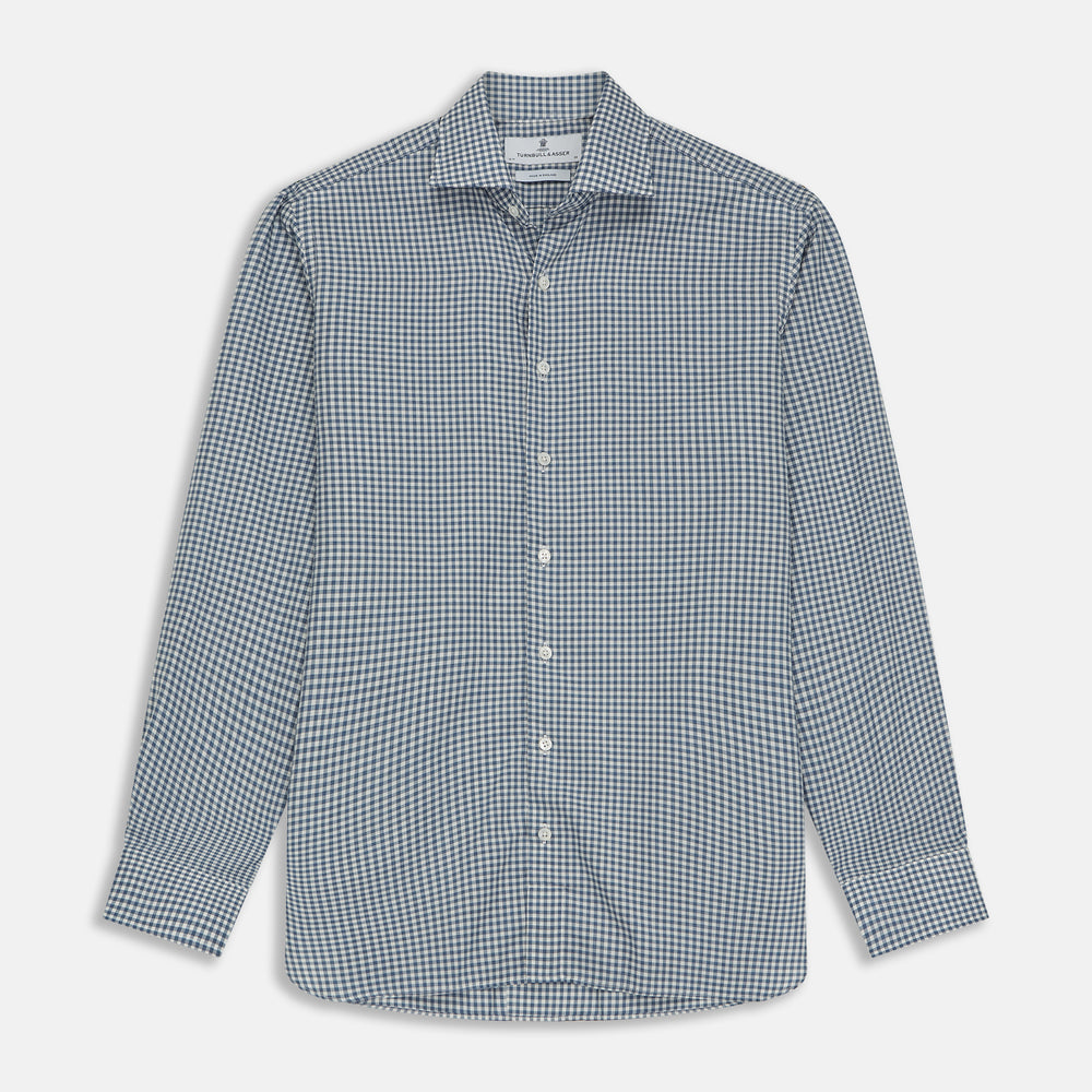 The Turnbull & Asser Blue Multi Check Tailored Fit Shirt features a Kent collar, 2-button cuffs, and a fine blue and white checked pattern—an essential men's wardrobe piece—shown flat on a white background.