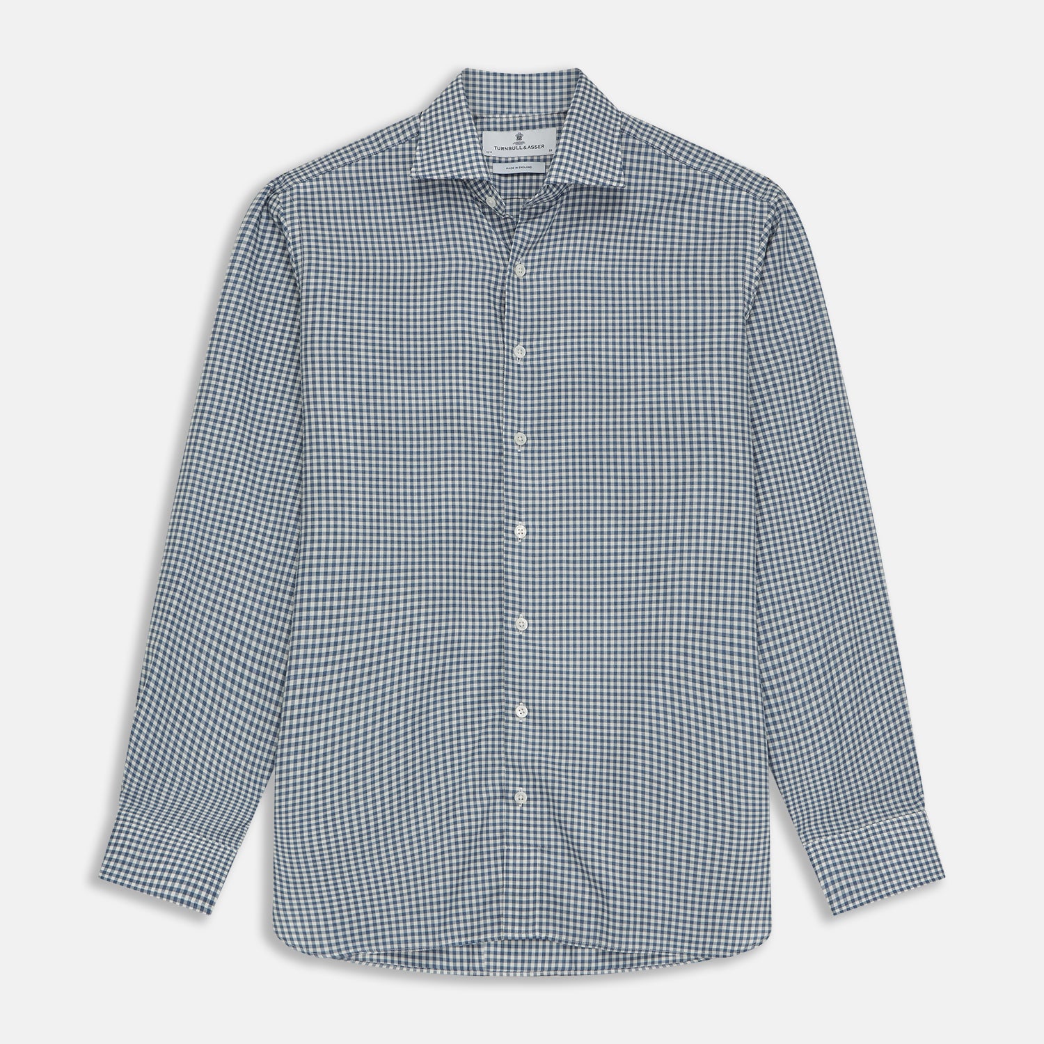 View 1 of product The Turnbull & Asser Blue Multi Check Tailored Fit Shirt features a Kent collar, 2-button cuffs, and a fine blue and white checked pattern—an essential men's wardrobe piece—shown flat on a white background.