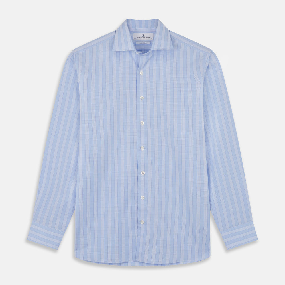The Tonal Blue Glen Check Tailored Fit Shirt by Turnbull & Asser features a Kent collar and white buttons, crafted from fine Italian cotton poplin for a refined look. Displayed flat on a white background.