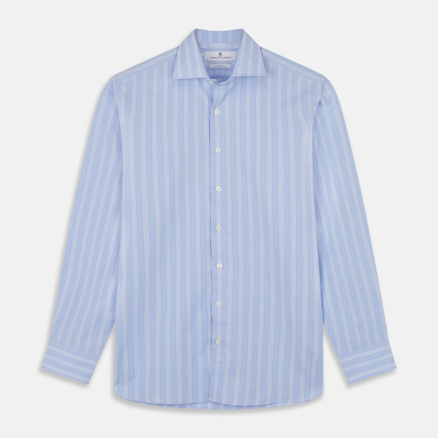 View 1 of product The Tonal Blue Glen Check Tailored Fit Shirt by Turnbull & Asser features a Kent collar and white buttons, crafted from fine Italian cotton poplin for a refined look. Displayed flat on a white background.