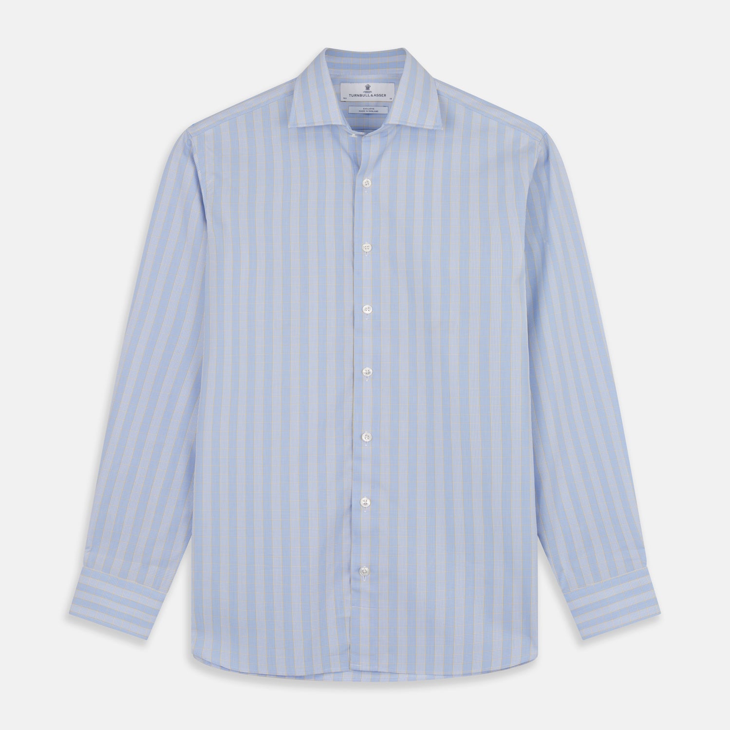 View 1 of product A Yellow and Blue Glen Check Tailored Fit Shirt by Turnbull & Asser, featuring a Kent collar, displayed flat on a white background.