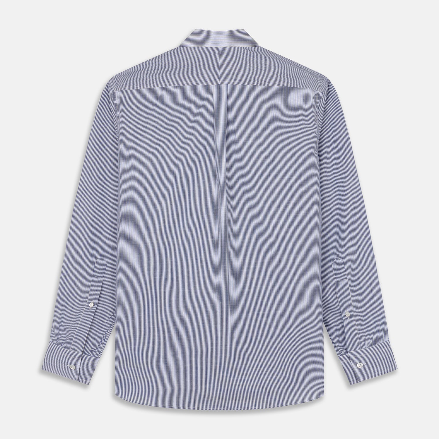 View 5 of product Turnbull & Asser’s Indigo Chambray Stripe Weekend Fit Shirt with Dorset collar features thin white pinstripes, two button-flap chest pockets, buttoned cuffs, and relaxed styling—presented flat on a white background.