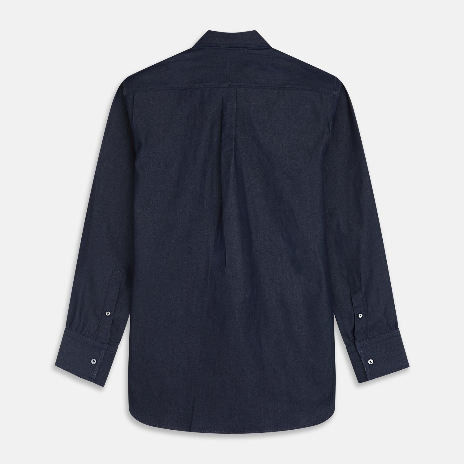 View 5 of product The Turnbull & Asser Navy Chambray Weekend Fit Shirt features a Dorset collar, long sleeves with 1-button cuffs, and two button-flap chest pockets. This officer’s shirt is displayed flat on a white background.